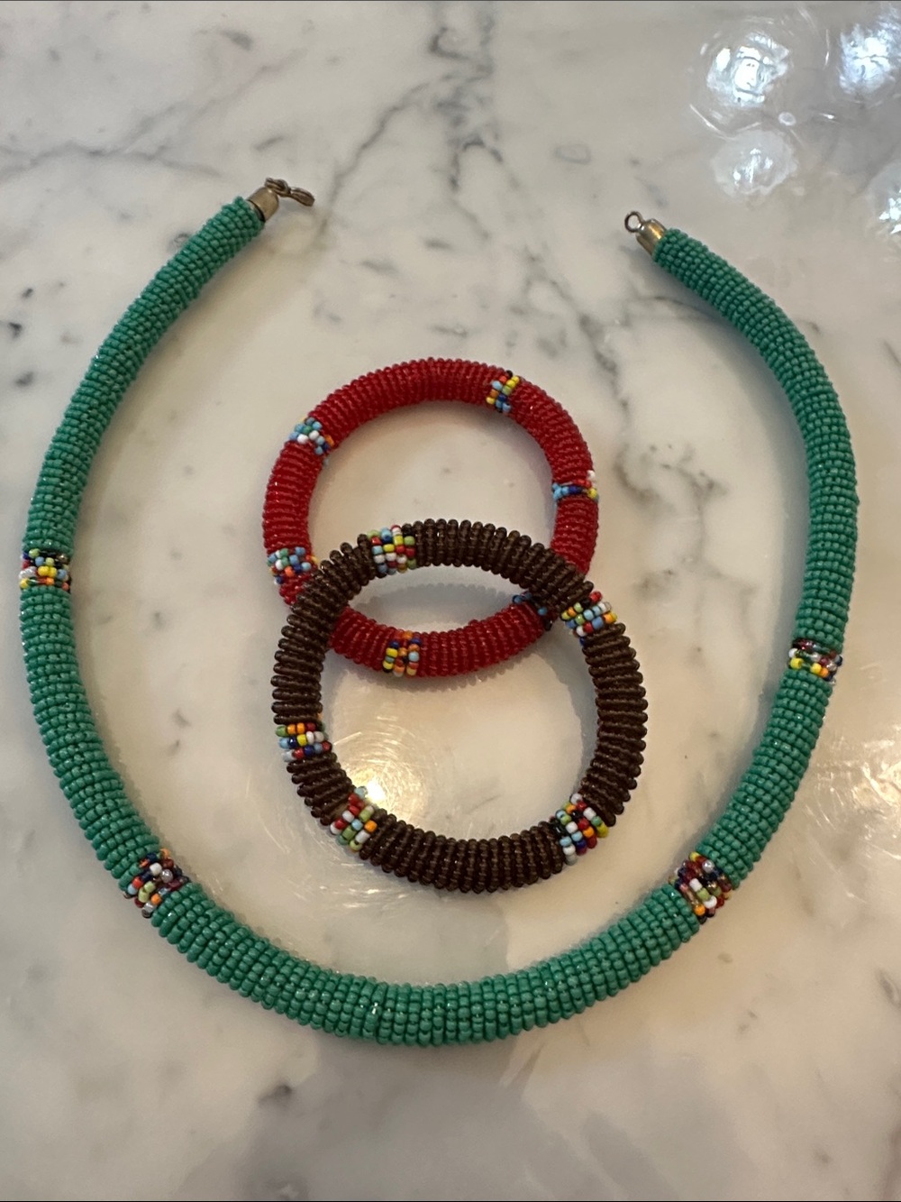 Handmade Beaded Necklace & 2 Bracelets Set Colorful Tribal Boho Jewelry